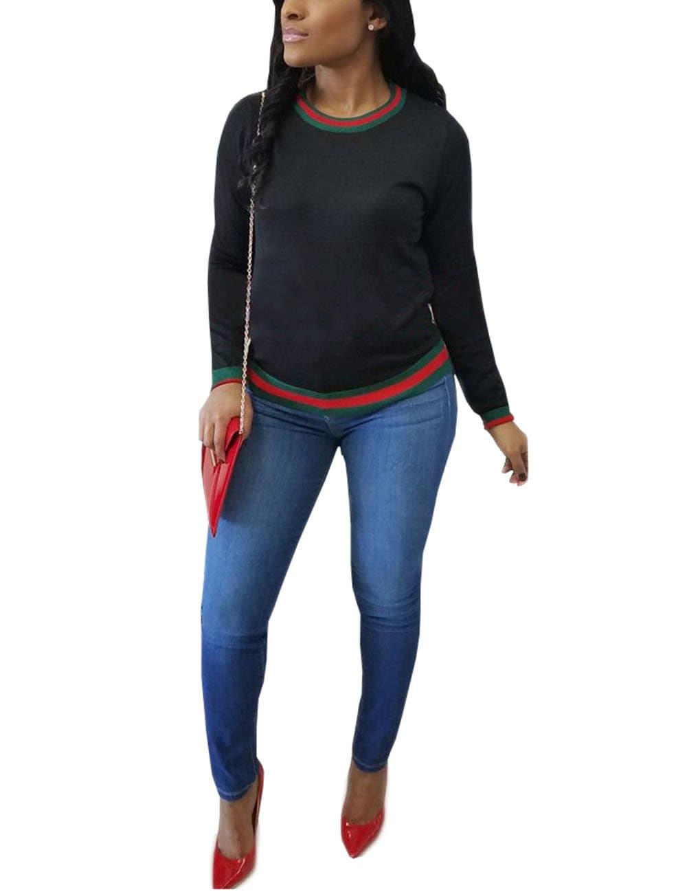 Akmipoem Women's Ribbon Stripe Patchwork Long Sleeve Pullover Tops Sweatshirt