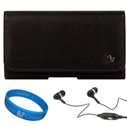 Black Textured Faux Leather Executive Horizontal Holster Case w/ Fixed Belt Clip (SAM061) for Samsung Galaxy S III / S3 Android Smartphone + Black 3.5mm Handsfree Hifi Noise Isolating Stereo Headphones with Windscreen Mic + SumacLife TM Wisdom Courage Wristband