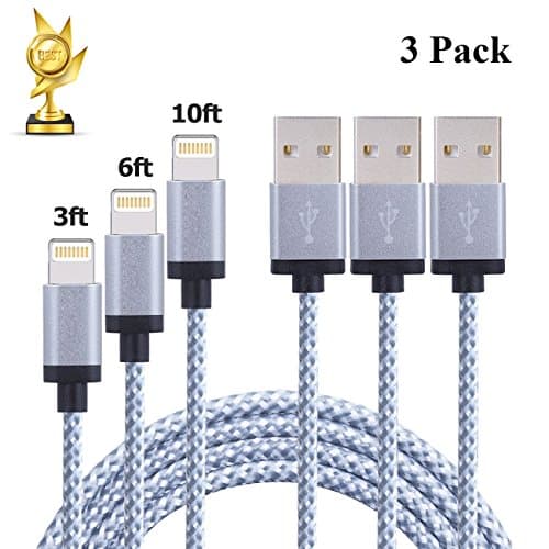 ZFLQ Lightning to USB Cable, 3-Pack iPhone Charger Cable 3ft 6ft 10ft Charging for iPhone 7 / 7 plus / 6s / 6s plus, iPad, iPod (Gray & White)