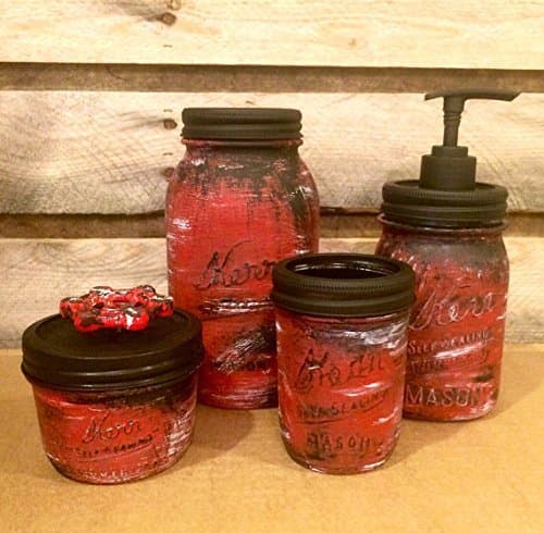 Rustic Barn Red Mason Desk Set, Mason Jar Bathroom Decor or Mason Jar Kitchen Decor