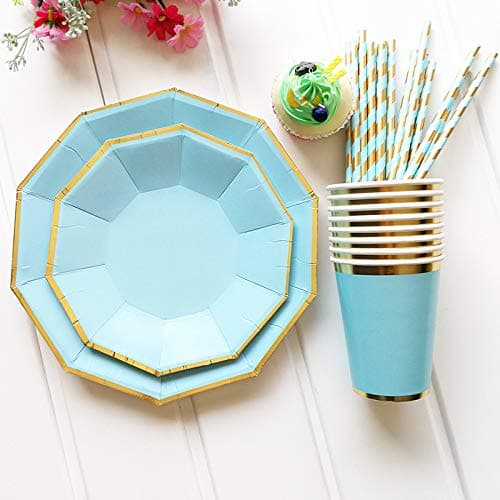 YUWANW Creative Fruit Platemetallic Gold Blue Disposable Tableware Set Happy Birthday Series Gilding Paper Cup/Plate for Home Kids Birthday Party Decoratio,8 Party Meal
