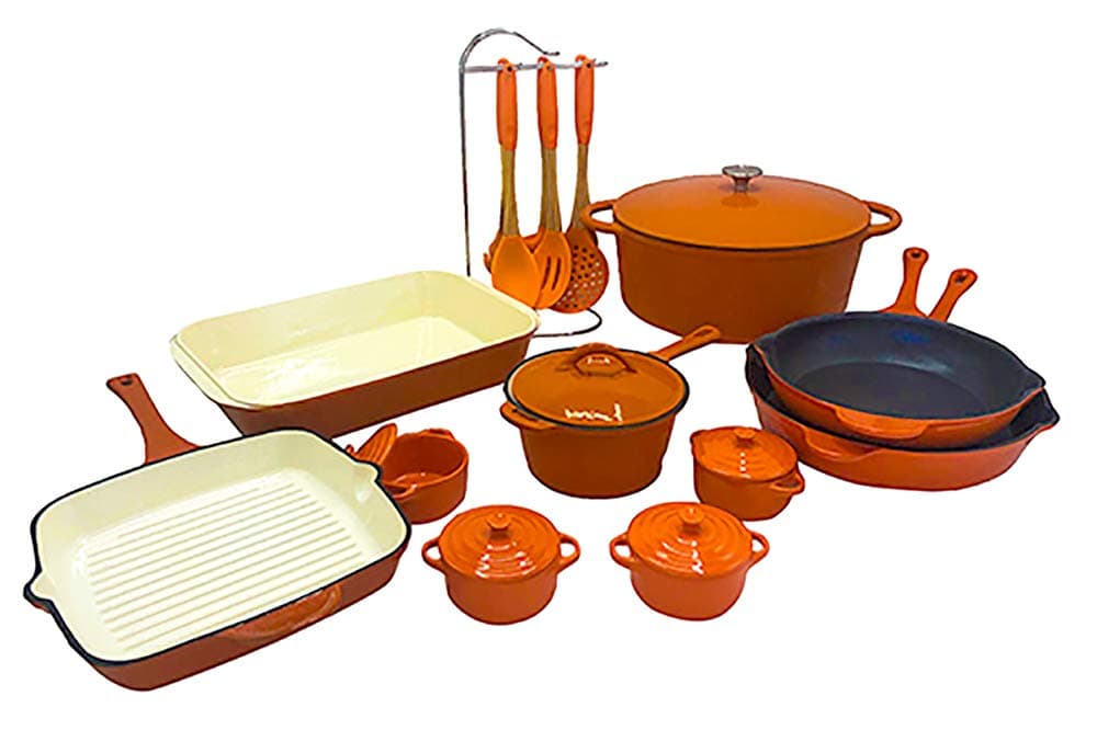 Le Chef 21-Piece Enameled Cast Iron Cookware Set, Orange.