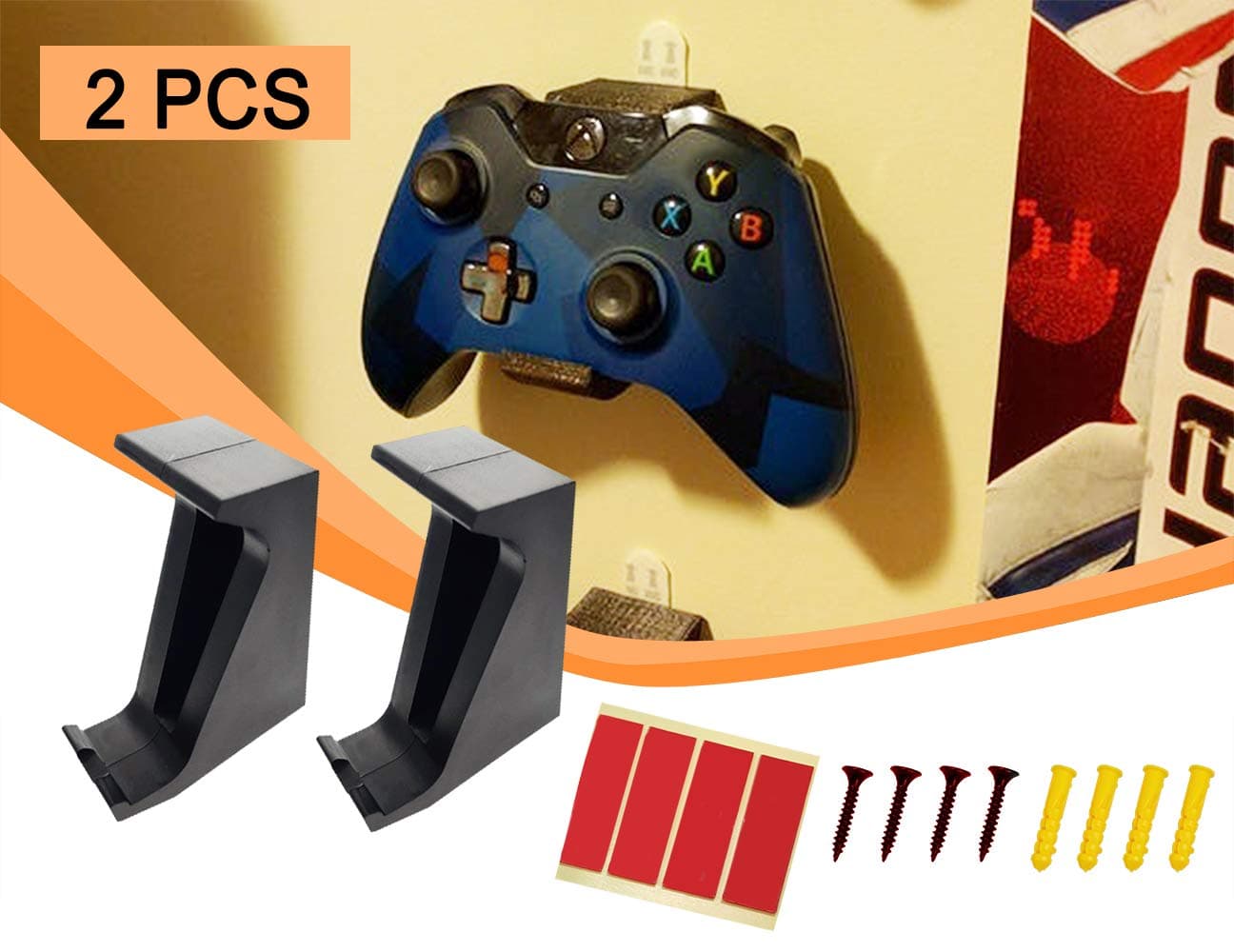 2 Pcs Wall Mount Holder Bracket Stand for Xbox Games One 360 Controller with Screw Sticker Black