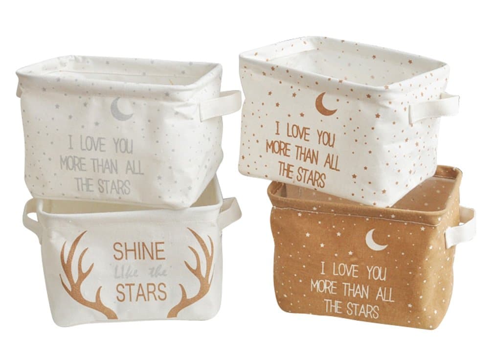 Zigzag Park Storage Bin Basket Box Organizer with Handles Collapsible Canvas for Nursery Baby Toys Makeup Jewelry Socks Office (Stars Moon Antler 4 pack)