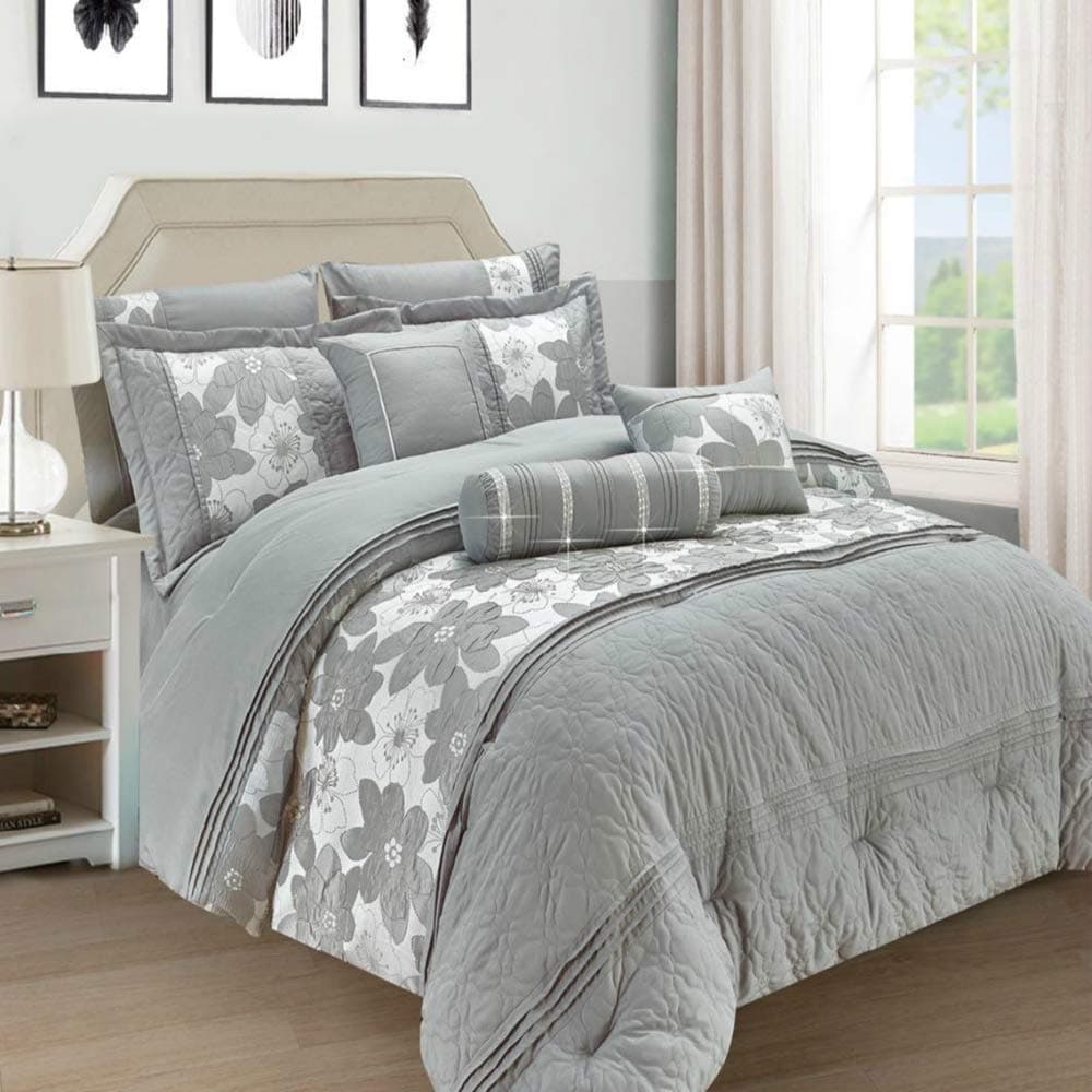 NOVENA Luxury 7 Pieces Bedspread/Comforter (7P Silver/Grey, Double)