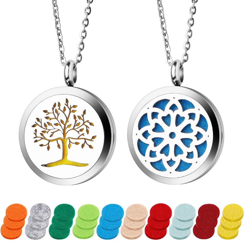 Essential Oil Diffuser Necklace 2PCS Perfume Necklace Aromatherapy Diffuser Locket Pendant Set with 24 Inches Adjustable Chain and 30 Refill Pads