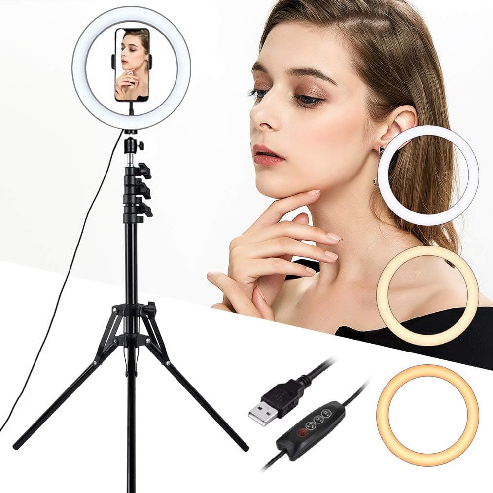 LED Ring Light with Tripod Stand, 10 inch Selfie Ring Light with Cell Phone Holder, 10 Brightness Dimmable Ring Light Live Streaming Light for YouTube Video,Makeup,Vlog, Facebook Live