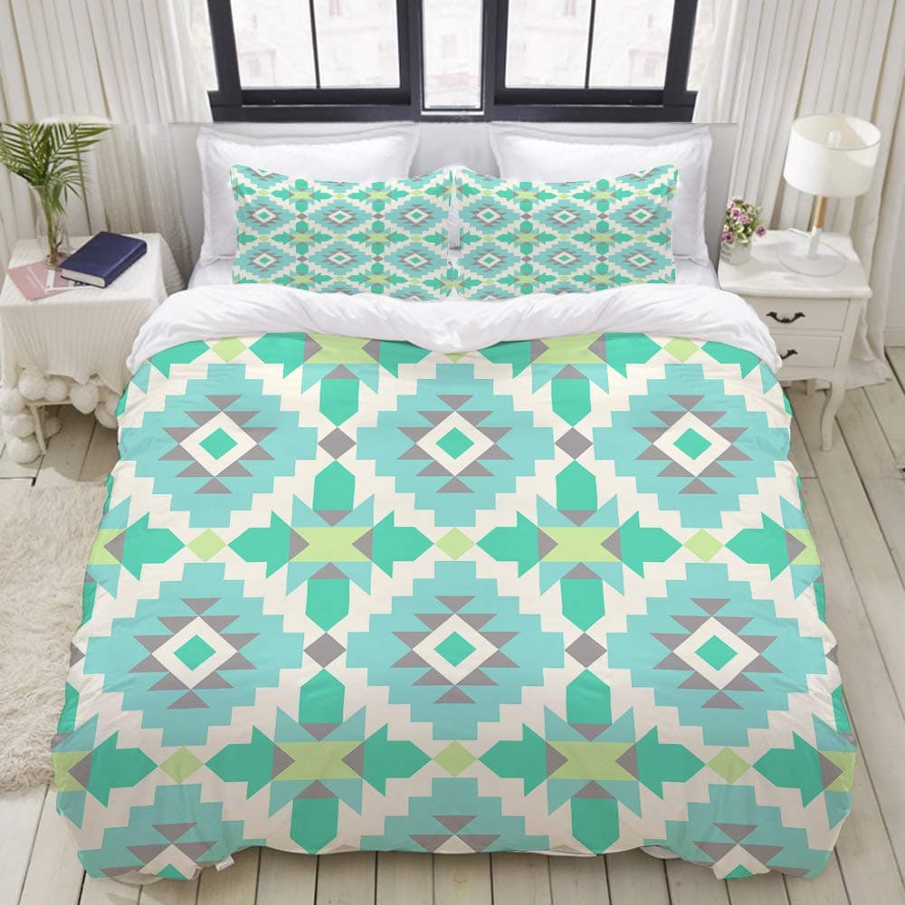 YCHY Tribal Ethnic Pattern in Mint Tints Aztec Navajo Native American Home Bedding Decorative Custom Design 3 PC Duvet Cover Set King