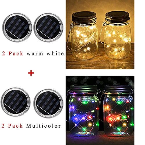 AREOUT 4 Pack Solar Powered Mason Jar Solar Lights,20 Led Fairy Jar Hanging Lights Lids,Outdoor Patio Lawn Garden yard porch Lights for party wedding festival - Jars NOT included