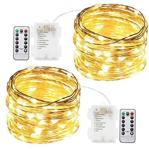Ruichen TM Dimmable Silver Wire LED Starry Lights 33ft 100 LED with Timer Remote + Battery Powered 8 Light Modes Waterproof Outdoor Indoor Decorative Lights for Party, Patio(Warm White,2 Pack)