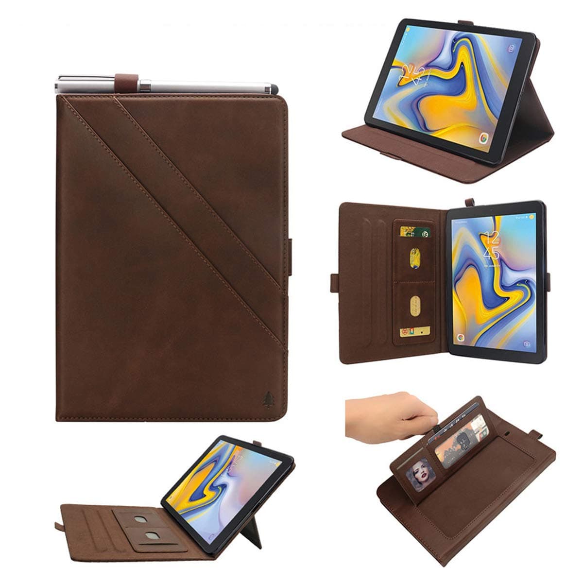 Lrker Double Prop Stand PU Leather Case for Samsung Galaxy Tab A 8.0 8.0" 2018 SM-T387, Cash Wallet Card Slot Pen Holder Auto Sleep/Wake Water-Safe Smart Full Cover Brown, Not for T380 T385 2017