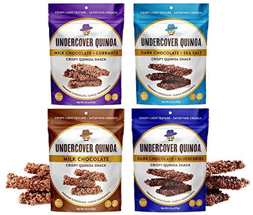 Undercover Quinoa Mini-Case Sampler, Chocolate Crispy Quinoa Snack, Gluten-Free, 4 2 oz. Bags: 1 Milk Chocolate, 1 Dark Chocolate+Sea Salt, 1 Milk Chocolate+Currants, 1 Dark Chocolate+Blueberries