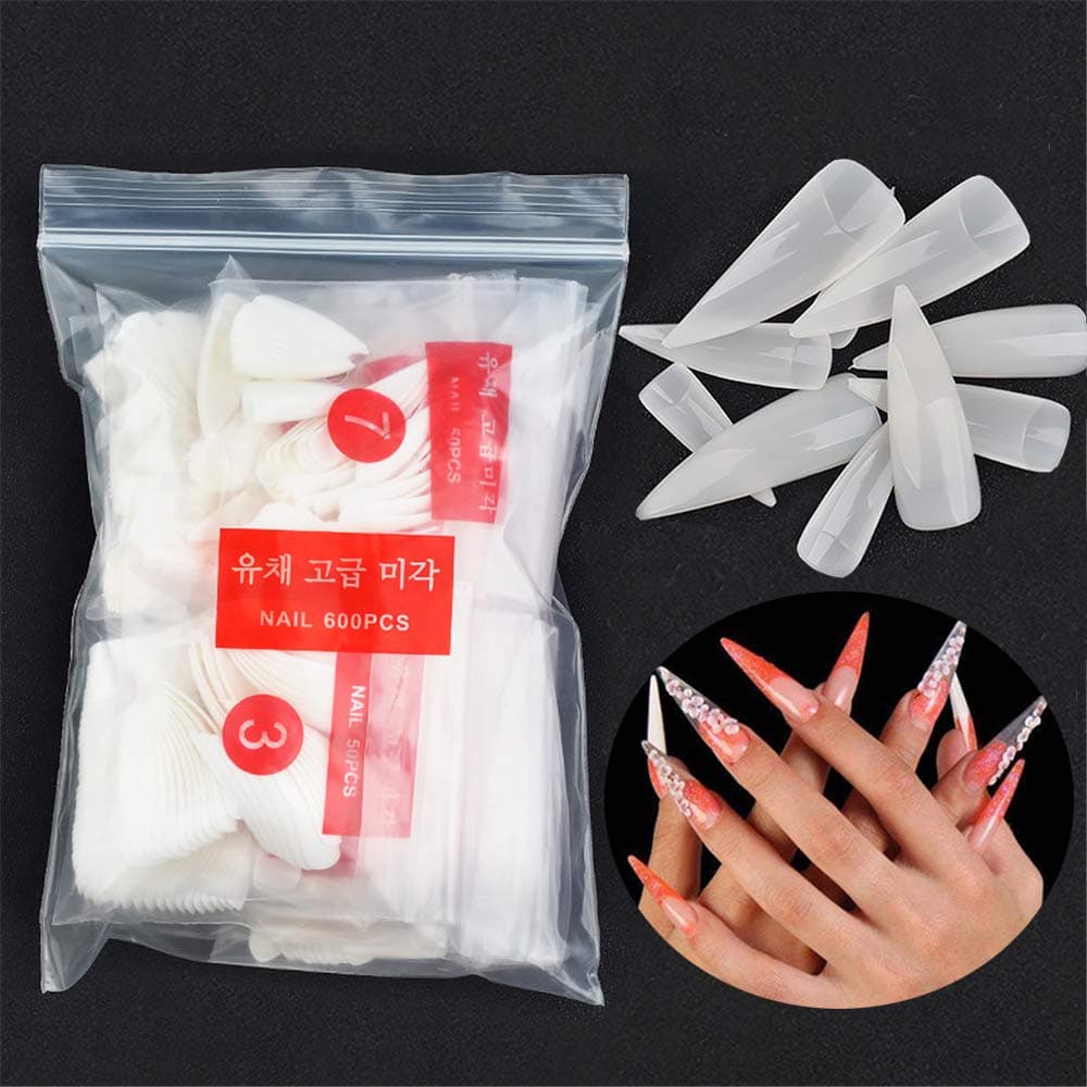 600 Pcs Natural Long Sharp False Nails Salon Stiletto - Nails Art Fake Acrylic Artificial Tips - 10 Sizes Nails Decoration Manicure for DIY #6