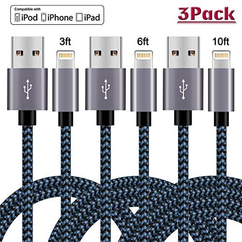 Bestronic iPhone Charger 3Pack 3FT/6FT/10FT(1M/2M/3M) Nylon Braided 8 pin Charging Cables USB Charger Cord, Compatible with iPhone 7/7 Plus/6s/6s Plus/6/6 Plus/5/5S/5C/SE/iPad and iPod(Black&Blue)