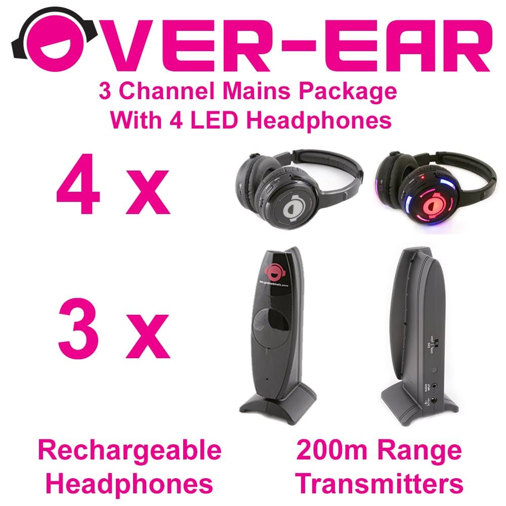 Silent Disco Package - 3 Channels & 4 LED Headphones