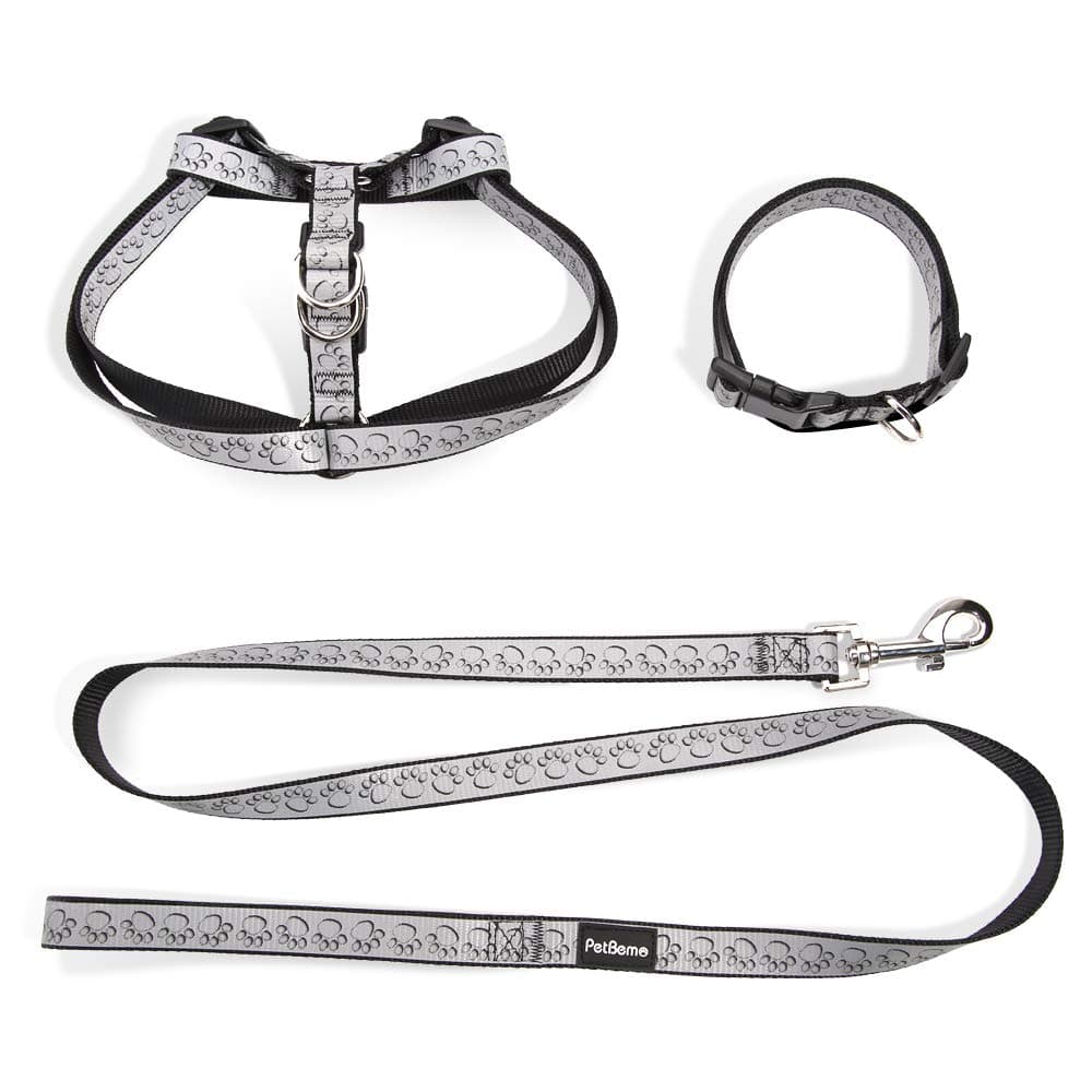 Adjustable Reflective Pet Leash Collar Harness Set Double Band Nylon Dog Paw's Print Leash Set for Small Medium Pet for Walking Black,Small