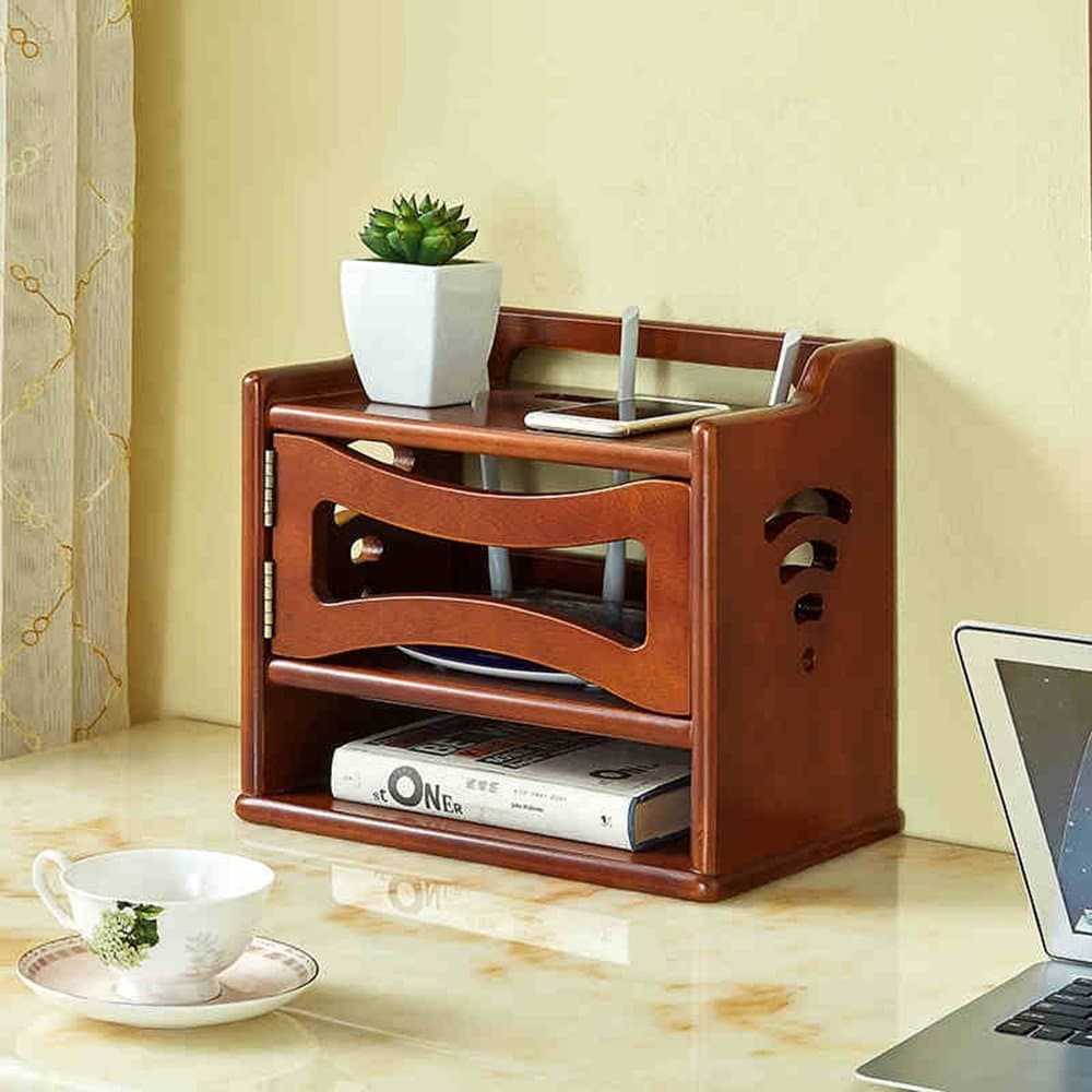 Shelving MEIDUO Wireless Router Rack Mount Kit Set Top Box Holder Wooden Wall Shelf Gateway Storage Box 33 * 22.5 * 29.5cm very durable (Color : Walnut)