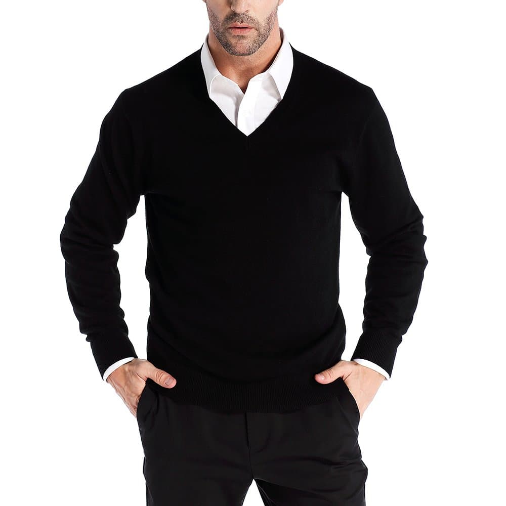 Kallspin Men’s Cashmere Wool Blended V-Neck Sweater Pullovers Relaxed Fit Knitted Long Sleeve Sweaters