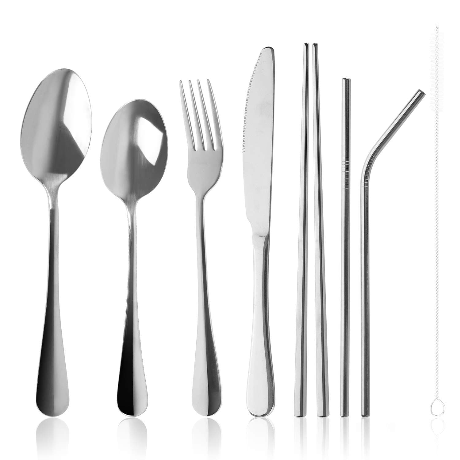 Reusable Utensils with Case,Portable Utensils including Knife Fork Spoon Chopsticks Cleaning Brush Straws Portable Case,Stainless Steel Flatware set(Silver-Set of 8)