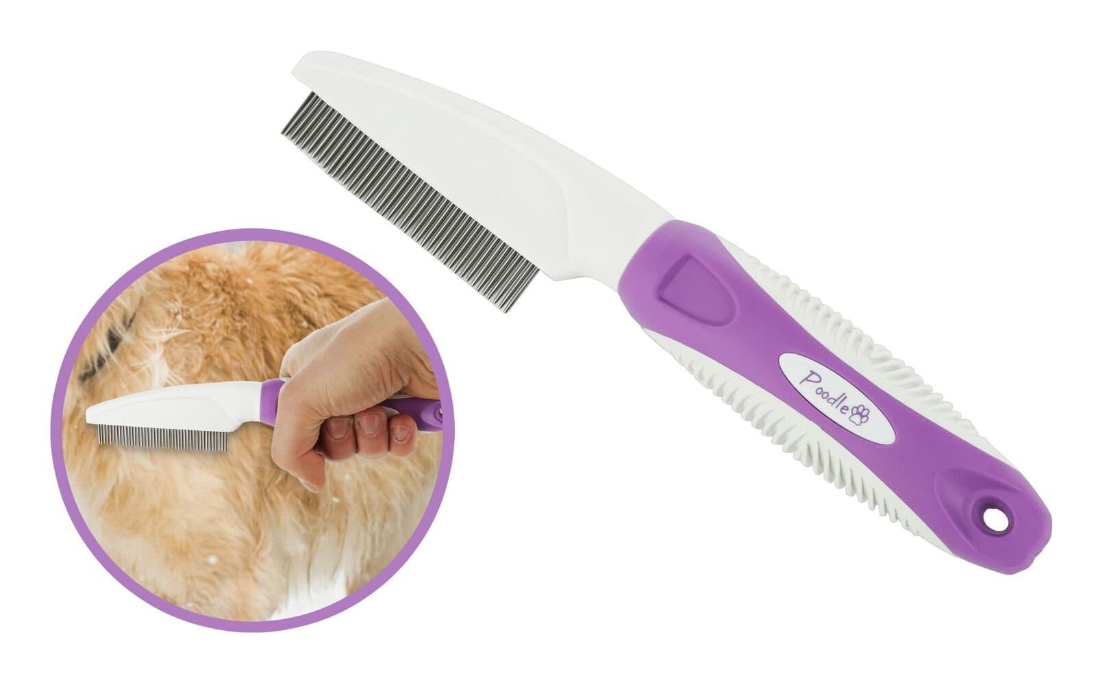 Poodle Pet Metal Flea Comb with Handle & Rotatable Pins, Safe, Easy to Use 8.5” x 1.5” Stainless Steel Fine Toothed Flea Removal Tool for Small Dogs, Longhaired Cats, Kittens, Rabbits, Puppies