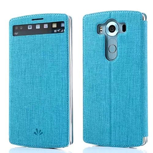 LG V10 case Premium Leather PU Flip Wallet Case with View Window Stand Kickstand Card Holder Magnetic Closure TPU bumper full cover slim Leather Case for LG V10(BLUE)