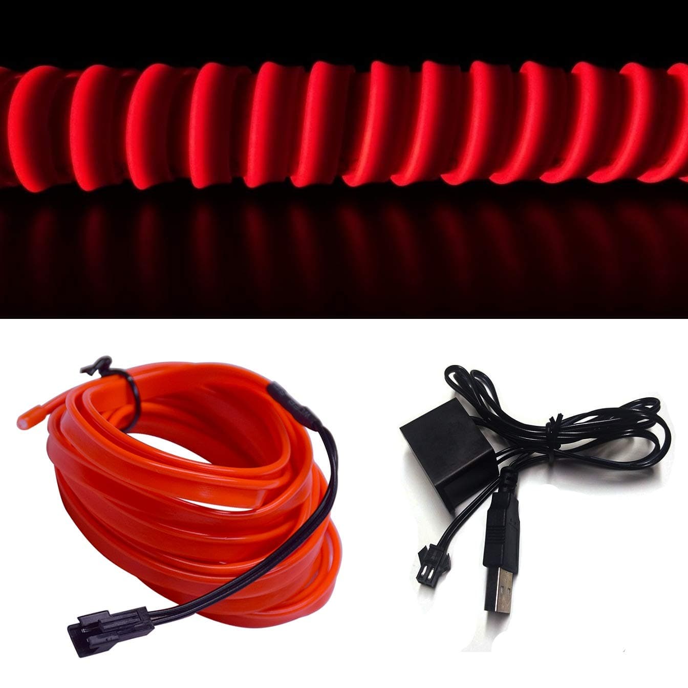 M.Best USB Neon LED Light Glowing Electroluminescent Wire/El Wire for Automotive Interior Car Cosplay Decoration with 6mm Sewing Edge (Red, 3M/9FT)