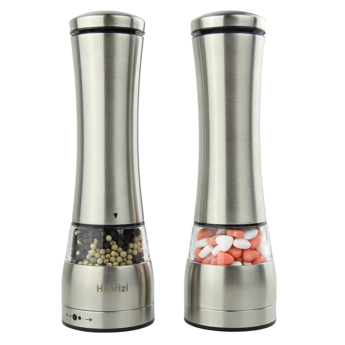 Battery Powered Salt And Pepper Grinder Set Electric Automatic Mills Premium Stainless Steel Shaker With Adjustable Coarseness Ceramic Rotor Blades - Bottom LED Light,Pack of 2 (2)