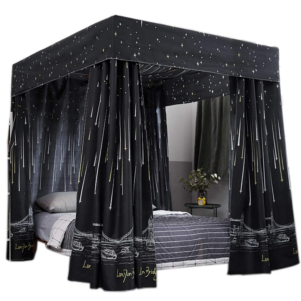 Princess 4 Corner Post Bed Curtain Canopy;Windproof Blackout Bed Canopy Mosquito Net Bedroom Decoration for Adults Girls Bed Canopies Child Gift (Black, Queen)