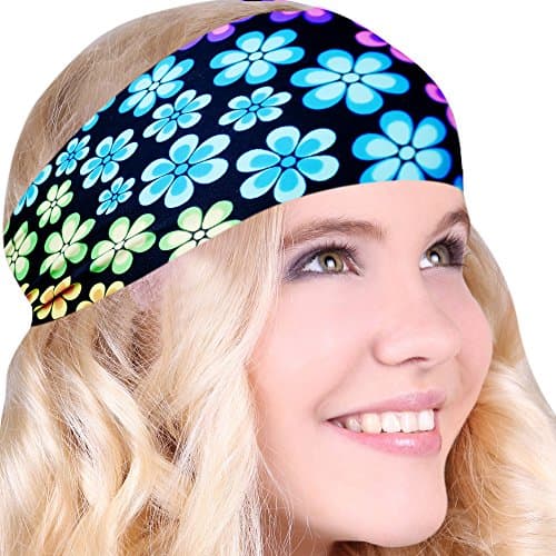 FUN & FUNKY Work Out Headbands! SUPER FUN! Rainbow Floral Black - Choose From Over 30 Best No Slip Printed Headbands Stretchy One Size Fits Most Made in USA by Mom & Daughter:)