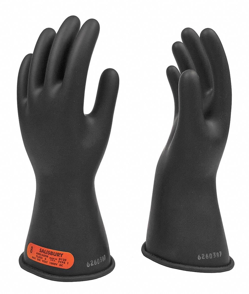 Black Lineman Gloves, Natural Rubber, 0 Class, Size 8-1/2
