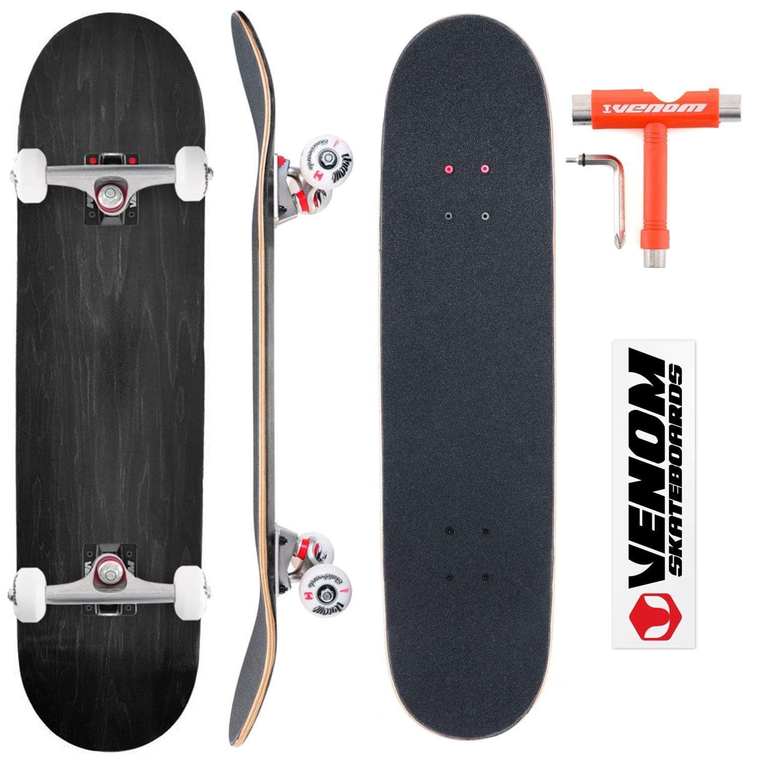 Venom Custom Complete Skateboard - Black Deck 8" - Black/Raw Trucks