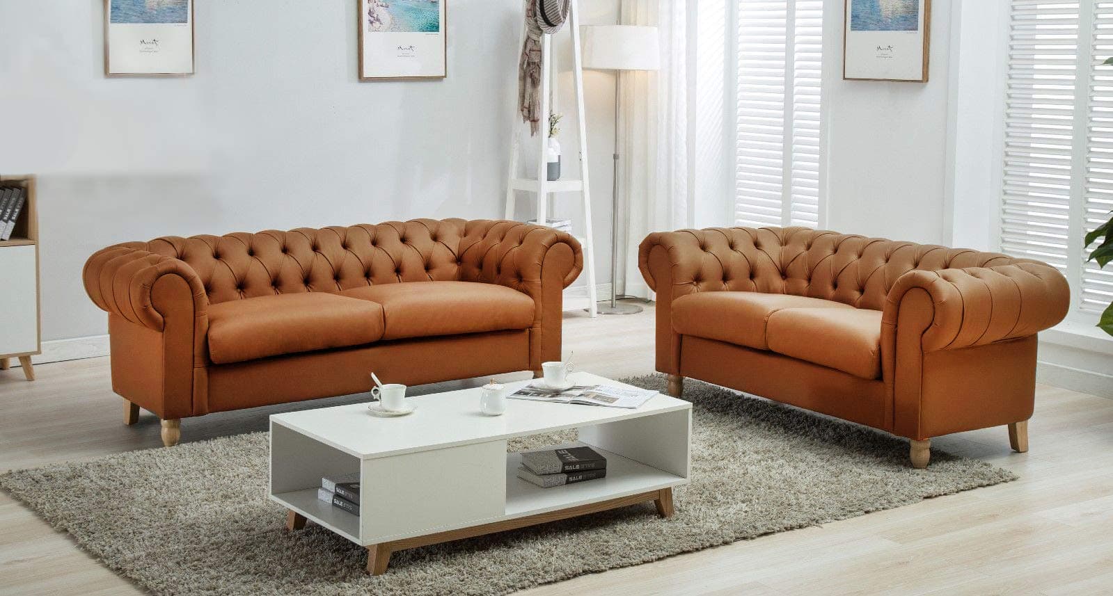Abreo Chesterfield 2 + 3 Seater Sofas Canterbury Sofa Range Grey or Tan Brown Bonded Leather (2+3 Seater Set, Tan Brown)