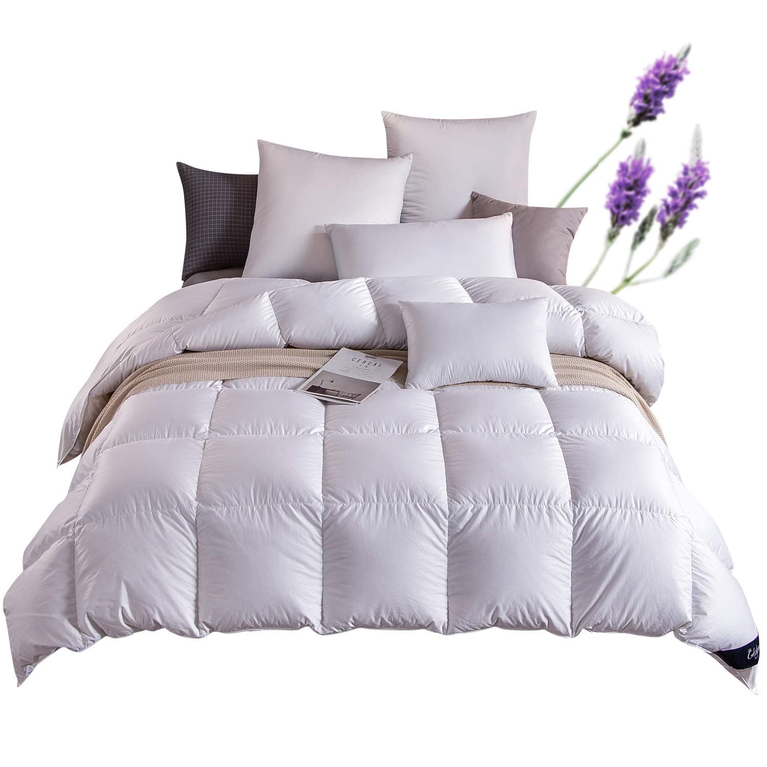 Globon Lavender Scented White Down Comforter Twin Size (68-Inch-by-90-Inch) 20oz, 300 TC,100% Cotton Shell, 600 Fill Power, Medium Warmth, All Season