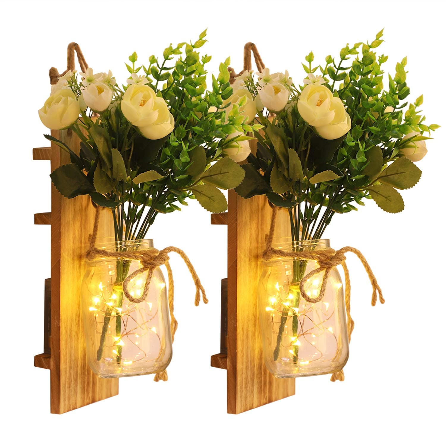 Rustic Wall Sconces Mason Jar Sconces Handmade Wall Art Hanging Design with 6 Hours Timer LED Fairy Strip Lights and White Rose/Leaves, Farmhouse Decorations Wall Decor Home Decoration (Set of 2)