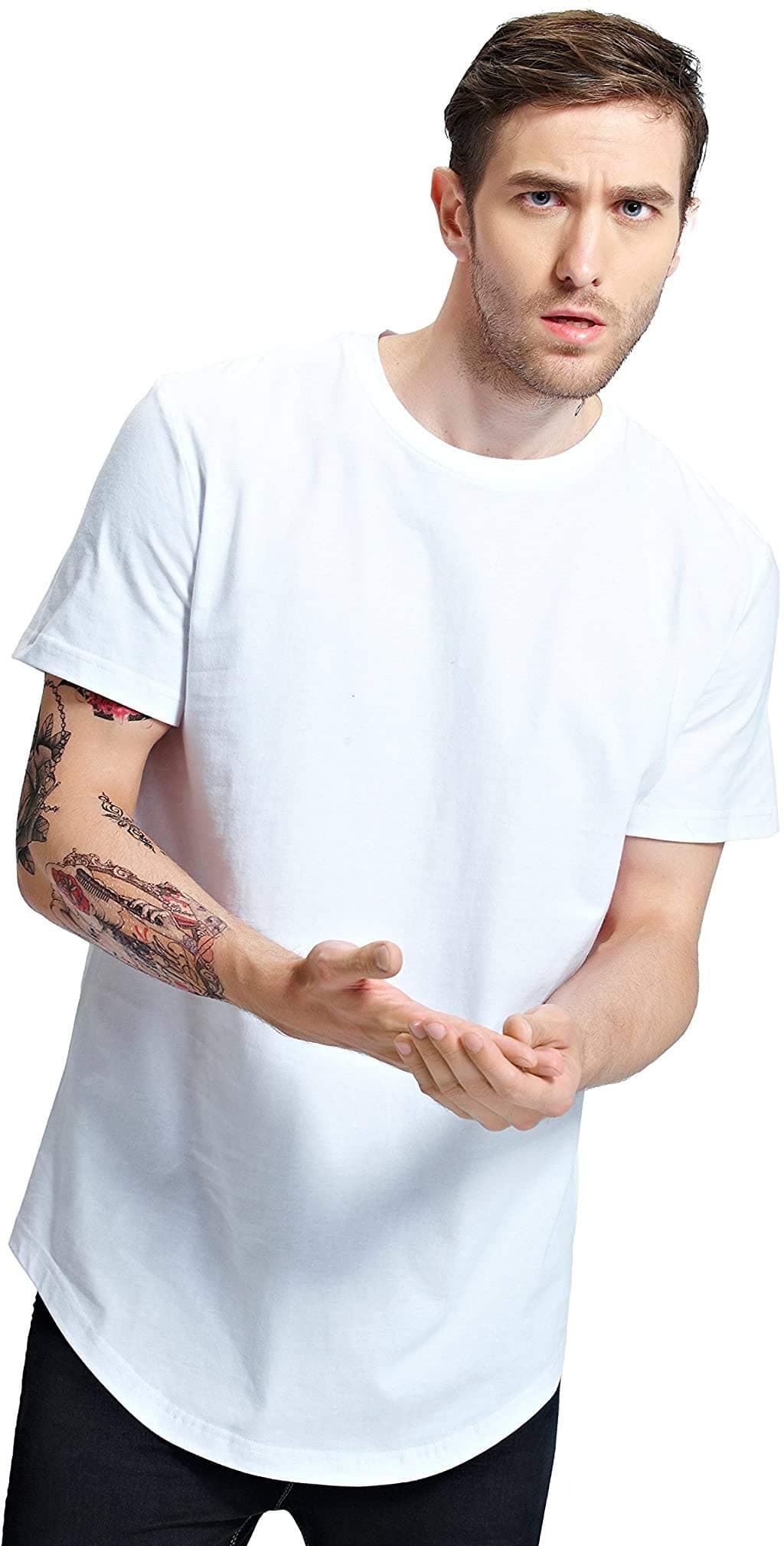 Bertte Mens Hipster Hip Hop Basic Elong Longline Short/Long Sleeve T-Shirt