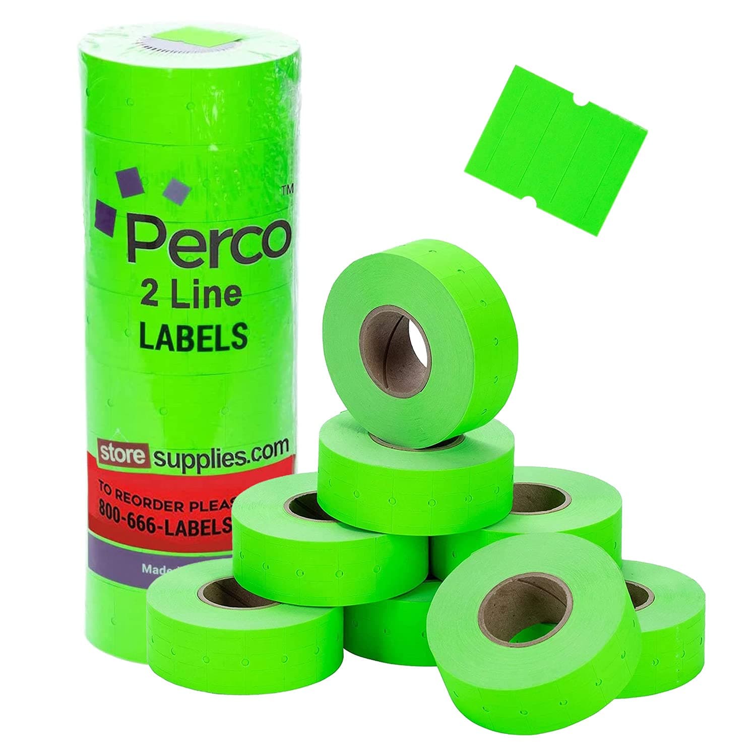 Perco 2 Line Fluorescent Green Labels - 8 Rolls, 1 Sleeve, 6,000 Blank Price and Date Gun Labels for Perco 2 Line Price and Date Guns - Made in USA