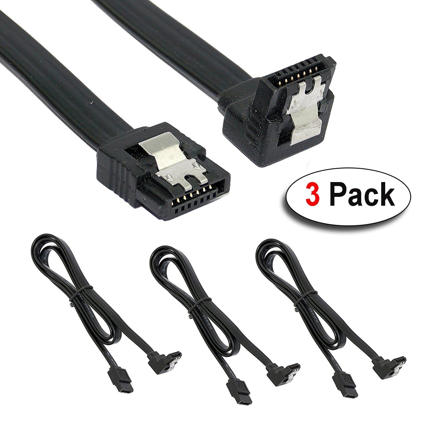 RiaTech® 3 Pack 40cm Sata 3 (Sata III) Data Cable with Locking Latch Straight to Right Angle 90 Degree