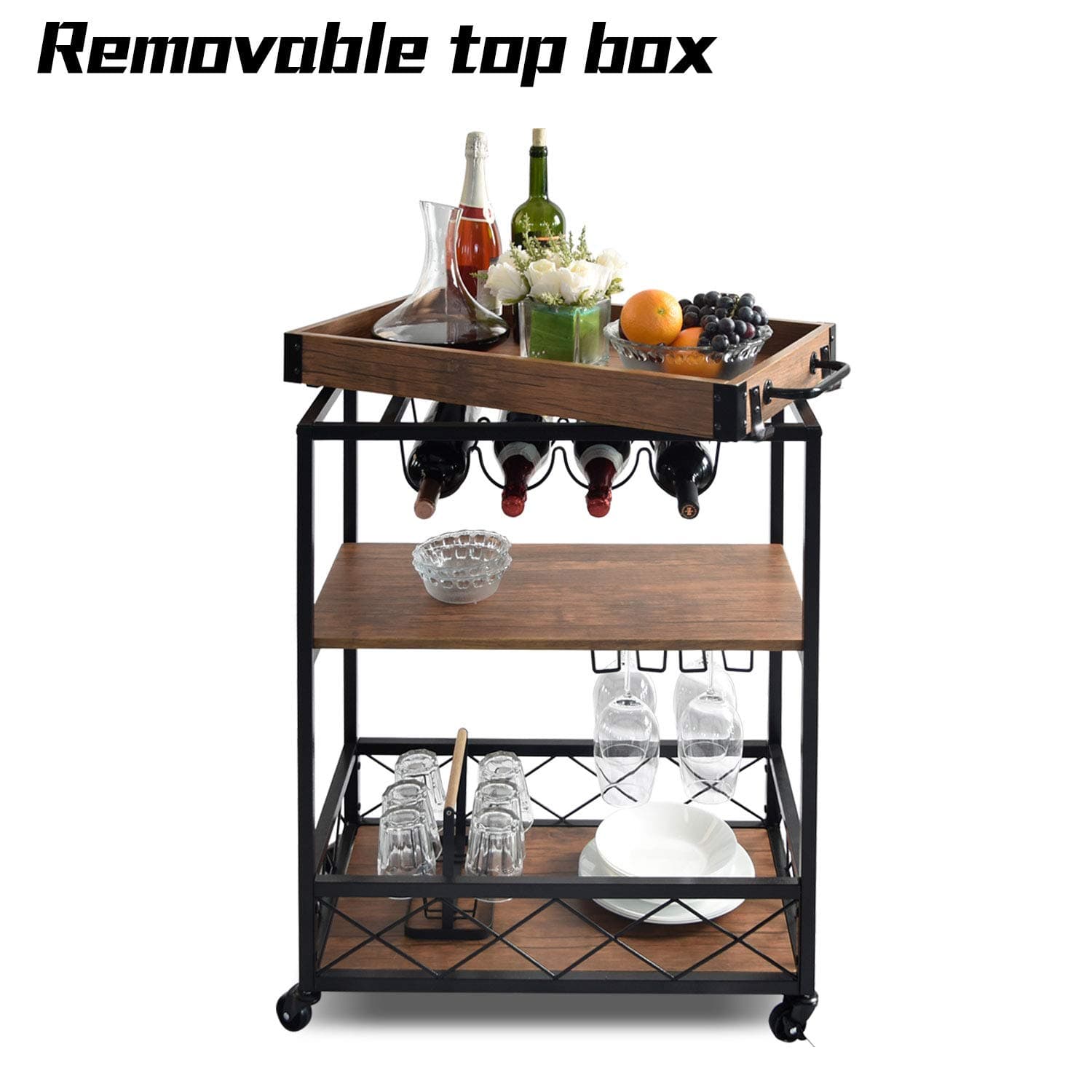 NSdirect Kitchen Cart,Kitchen Bar&Serving Cart Rolling Utility Storage Cart with 3-Tier Shelves,Metal Wine Rack Storage and Glass Bottle Holder,Removable Wood Top Box Container with Hook Rack,Brown…