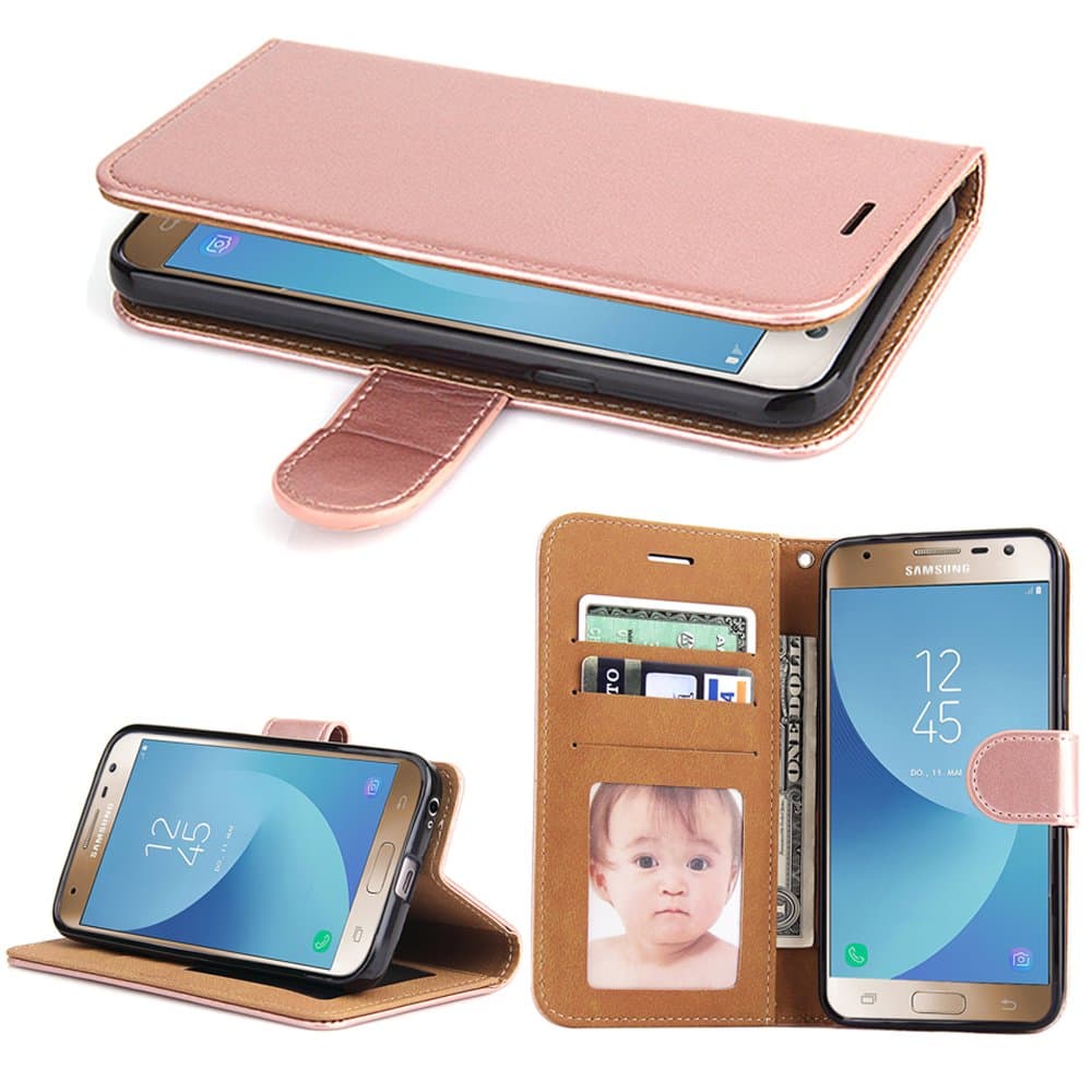 SOWOKO Galaxy J3 Pro Case (2017), Book Style Leather Wallet Case Flip Folio Protection Cover with Credit Card Slots and Kickstand for Samsung Galaxy J3 Pro 2017 (Rose Gold)