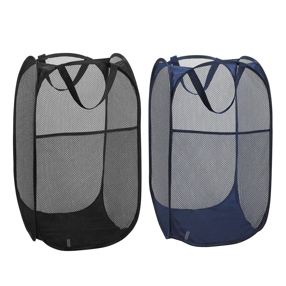 julie Pack of 2 Foldable Pop-Up Laundry Hamper with Side Pocket, Durable Mesh Hamper Clothes Laundry Basket Storage Bag with Reinforced Carry Handles for Dirty Clothes,Black and Blue