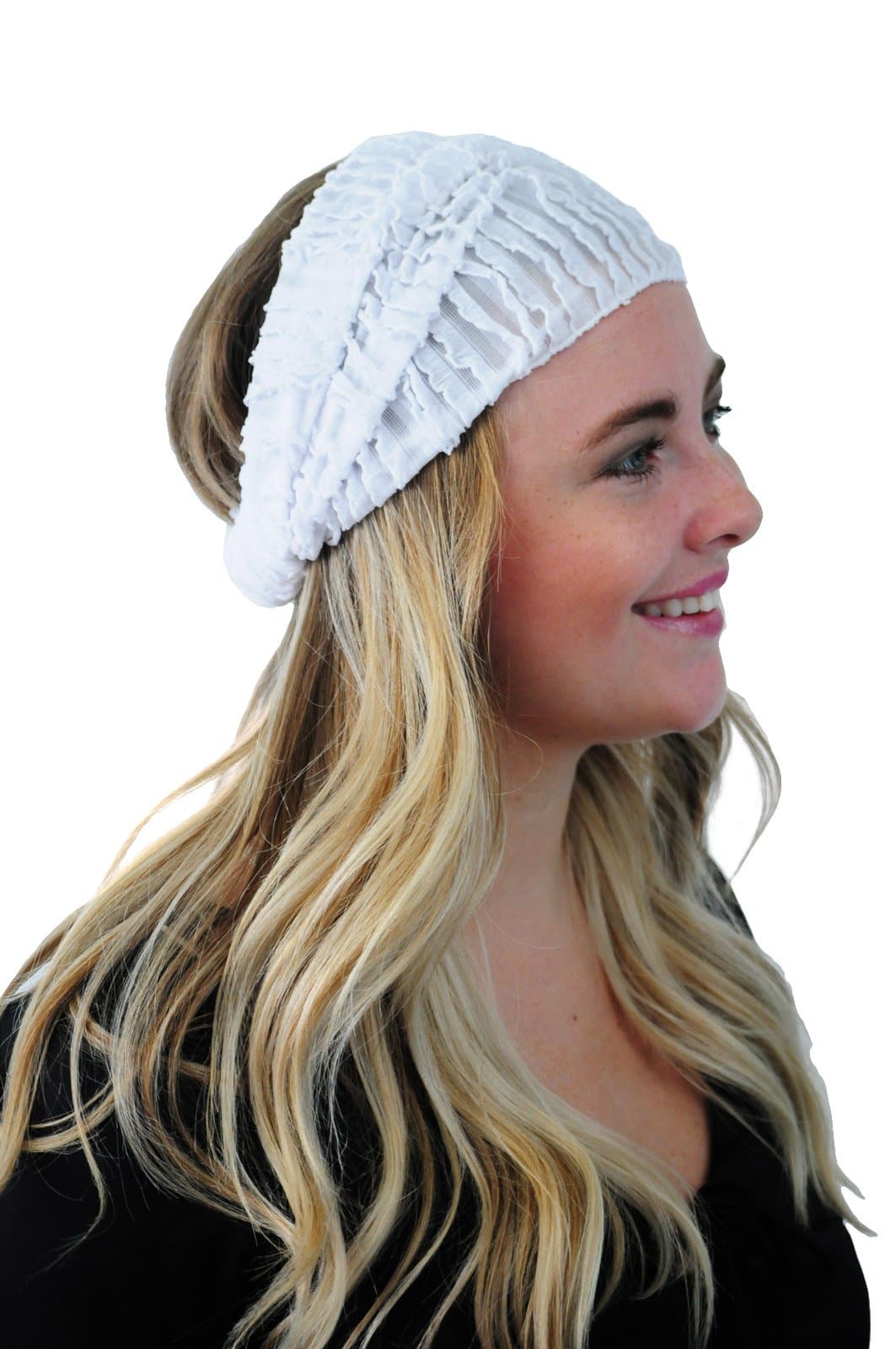 Boho Multi Way Headband White Ruffles, Stretchy Expandable Headband Headwrap