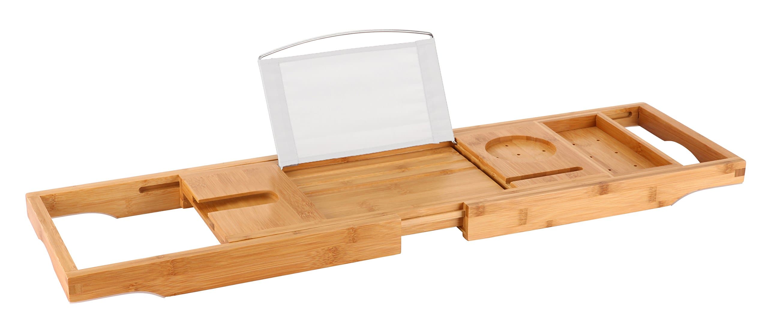 Luxury Bamboo Bathtub Caddy / Tray with Extendable Arms - Includes Book / Tablet Stand, Glass Holder, Phone Compartment, and Rubber Pads to Prevent Slipping - Fits Any Tub Size