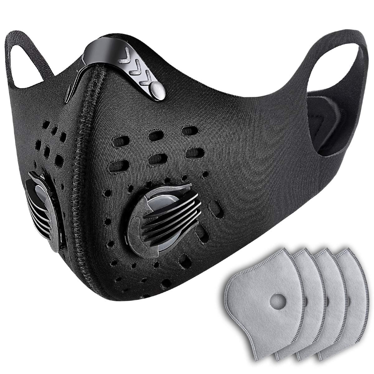 FlyLuoKe Dustproof Dust Mask with 2 Valves and 4 Activated Carbon N99 Filters. Filtration of Dust, Pollen Allergy and PM2.5, for running, biking, and outdoor activitie. (black)