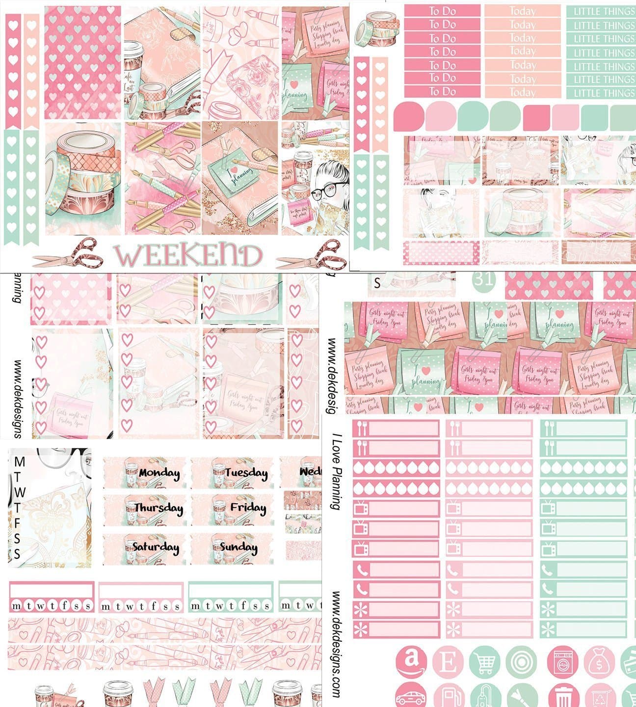 I Love Planning, Weekly sticker kit. 6 sheets on matte sticker paper. Choose your size from Erin Condren to Happy Planner. Kiss cut, just peel and stick.
