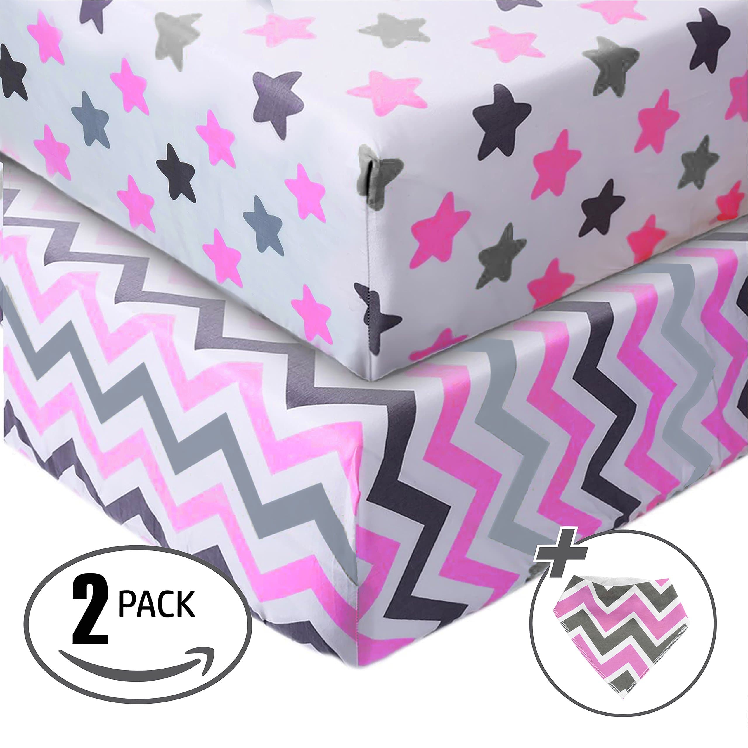 Jersey Cotton Fitted Crib Sheets, 2 Pack-100% Organic & Shrink-Resistant for Girl's-Soft and Protective-Chevron & Stars-Grey & Pink Design,Standard crib Mattress- No Rips or Holes with Use,Guaranteed!