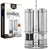 Salt and Pepper Grinder Set - Electric Shakers with Automatic Light Plus Ceramic Rotor and Stainless Steel Body - Adjustable from Coarse to Fine - One-Handed Operation - Stand Included