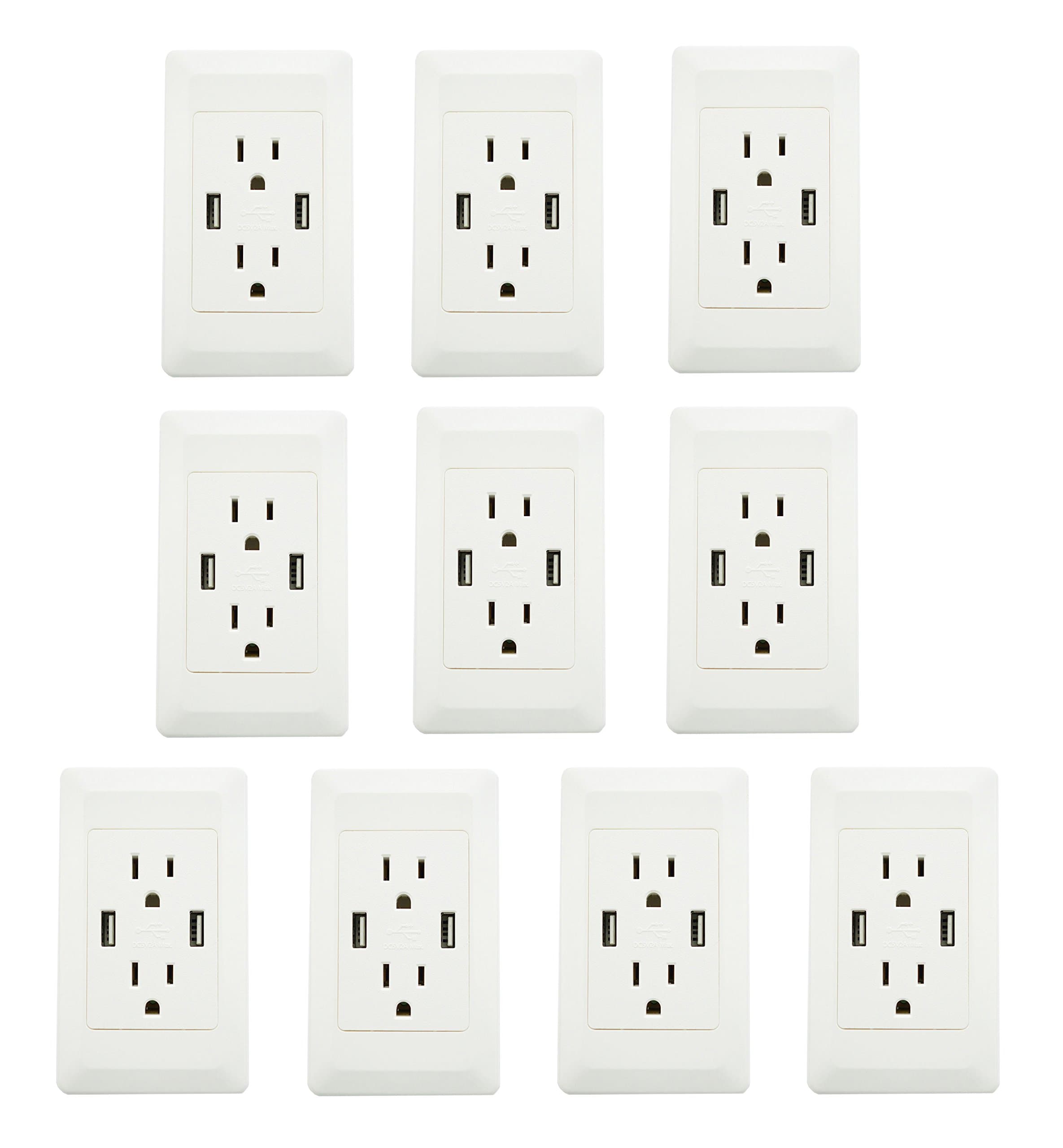 10PK YOPI 2A High Speed Dual USB Phone Pad Charger with 15A Wall Receptacle 2 Outlets Band Panel Faceplate White ETL Listed