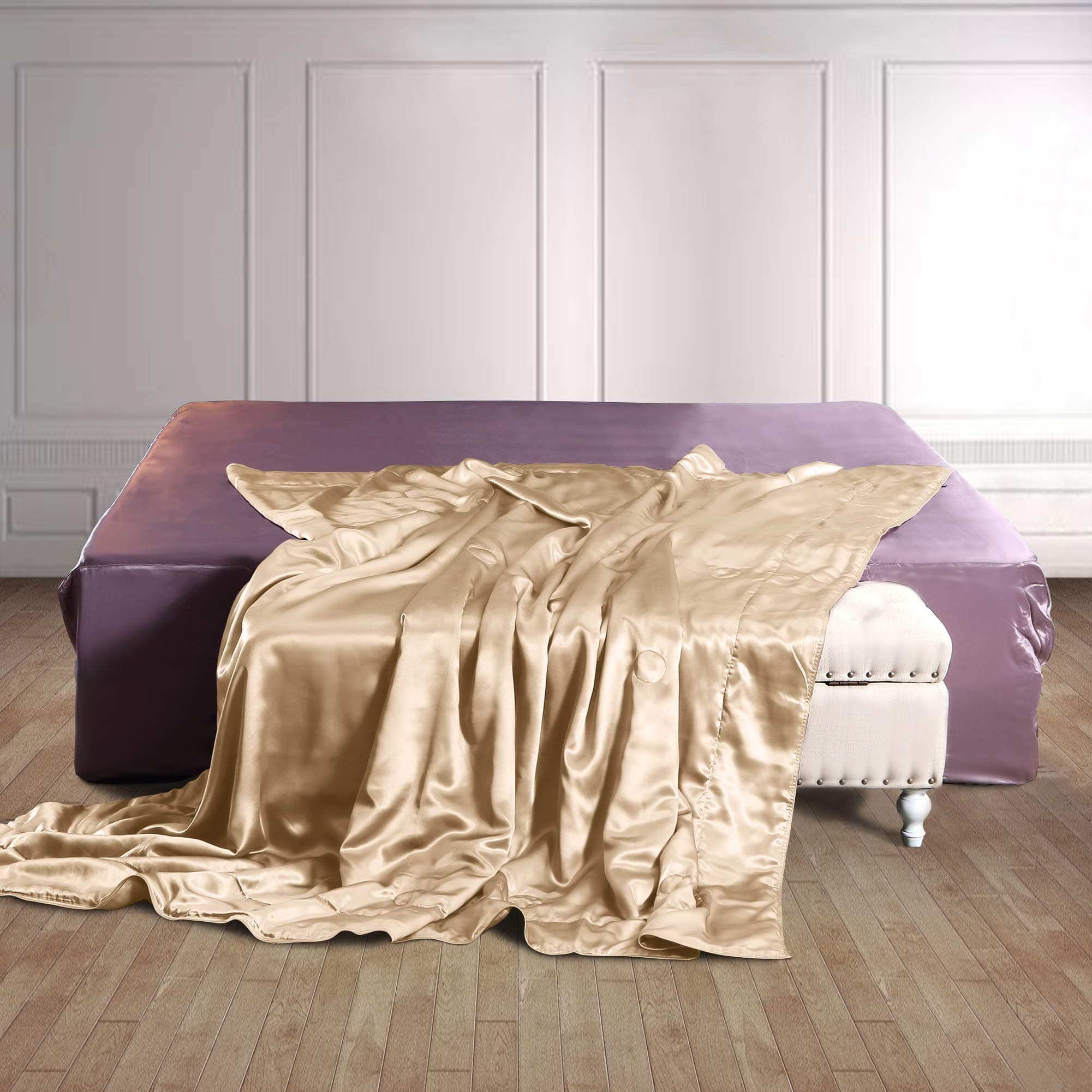 THXSILK 100% Silk Throw Blanket for Bed/Couch Top Grade Long-Strand Silk Quilted Bedspread Soft & Cozy (Champagne, Twin)