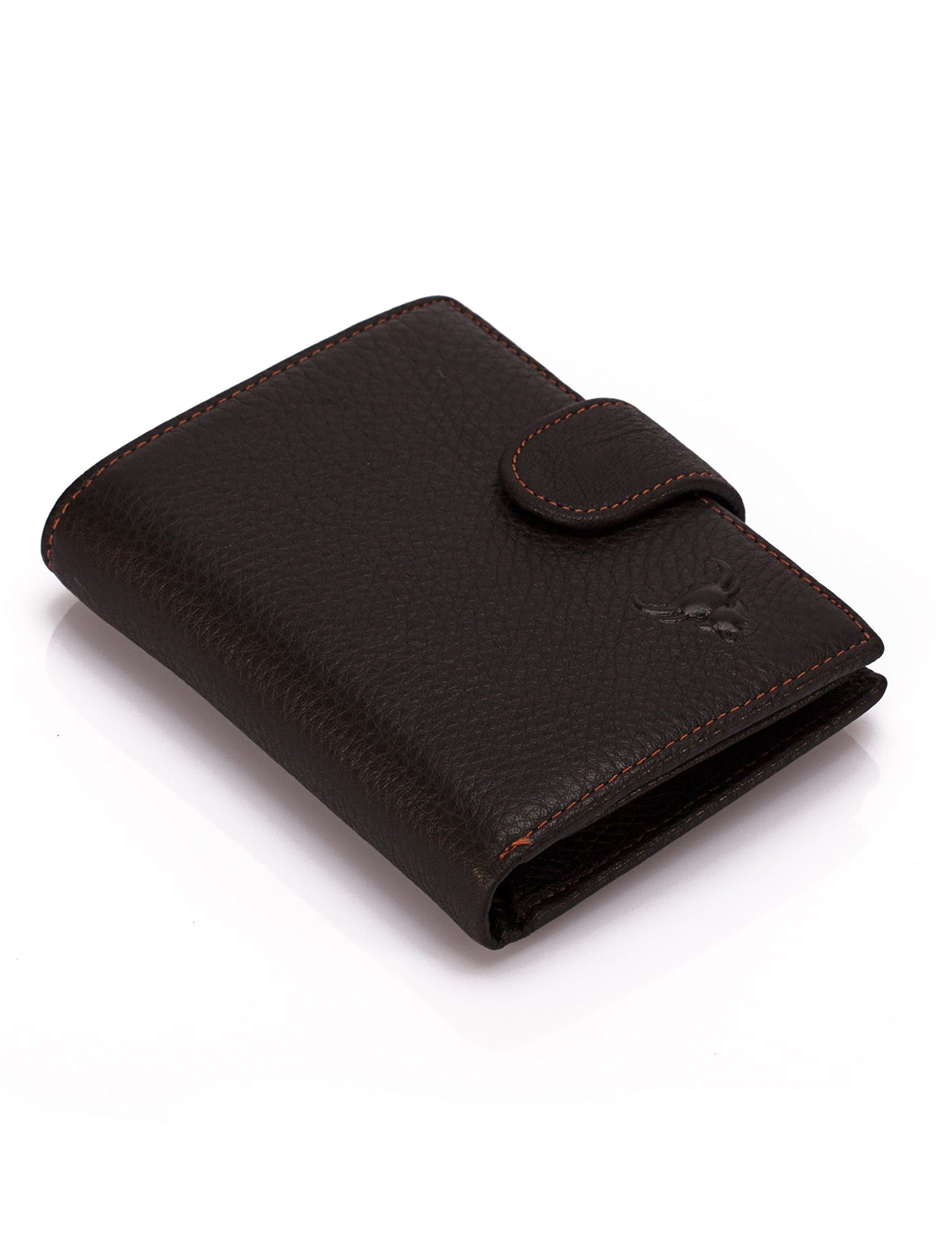 Men's Bifold Genuine Leather Vintage Button Strap Quality Soft Grain Organizer Wallet Large Capacity For Cards ID & Cash