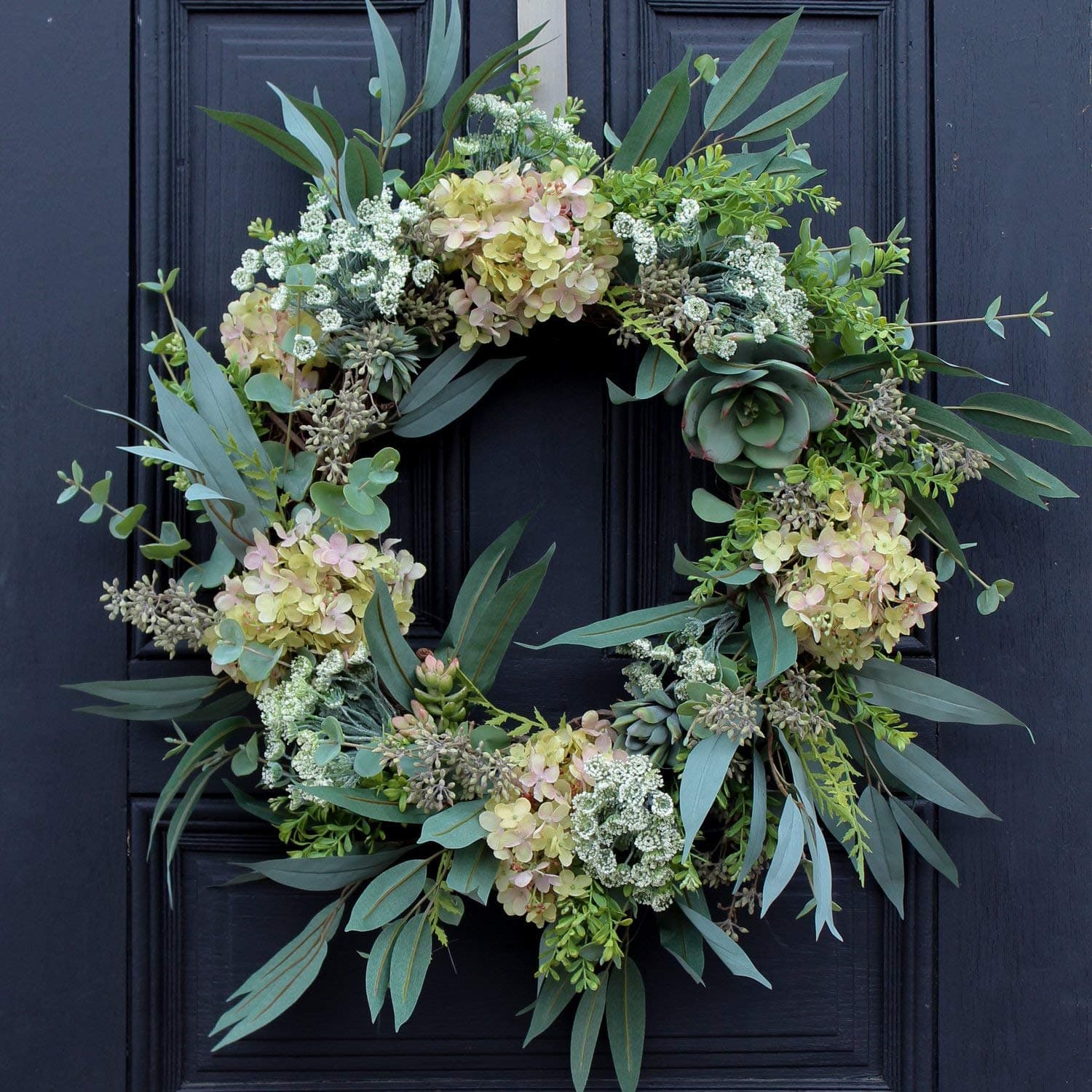Darby Creek Trading Cone Hydrangea, Succulent, and Needleleaf Eucalyptus All Seasons Front Door Wreath
